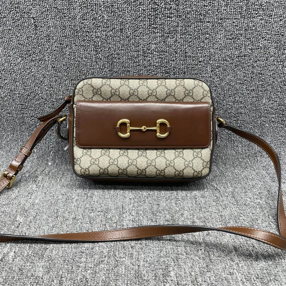 100% Authentic GUCCI Horsebit 1955 Brown Canvas Shoulder Bag - Picture 1 of 14